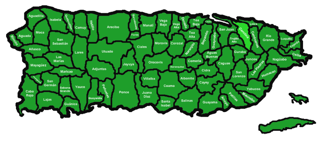 Mapa de Puerto Rico por municipios con Carolina resaltado